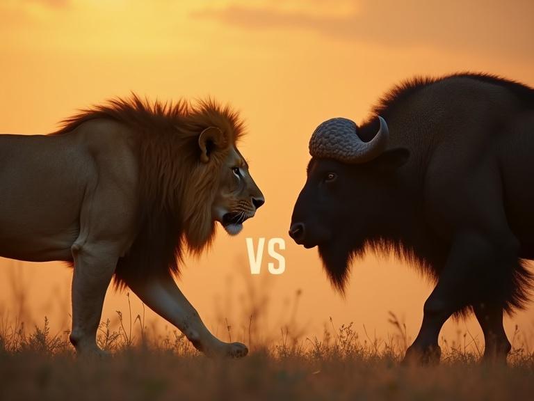 Documentary-style thumbnail featuring wildlife with fierce lion and african buffalo facing each other for a duel.