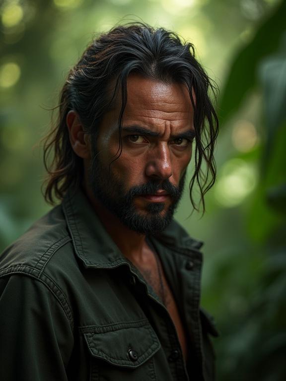 A full view of a South American cartel leader in a jungle. The leader shows a cruel expression. Surrounded by shades of light from the canopy.
