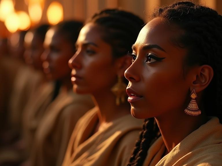Close-up on faces of a group with Ancient Egyptian features. Features include brown skin, kohl-lined eyes, braided wigs, linen robes, and gold earrings. Emotions reflect sacred awe and tension. Background blurred with torch glow. Ultra-realistic cinematic style, soft shadows on skin, visible linen details.