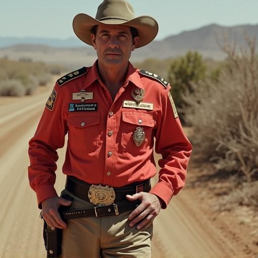 Cowboy posing on a dirt road. Wearing a red shirt with sheriff patches. Tan cowboy hat. Featuring distinctive belt buckle. Background shows a desert landscape.