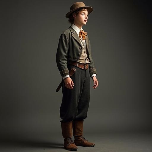 Colorized photo captures a young man dressed as the Little Tramp with a dark gray background. Soft lighting enhances a full-body portrait view. The subject has a charming expression and wears iconic vintage clothing.