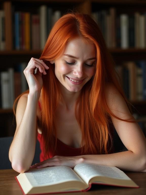 A red-haired woman sitting in a library at a table reading a book. She tucks her long hair behind her ear with her right hand. She smiles and wears a red top.
