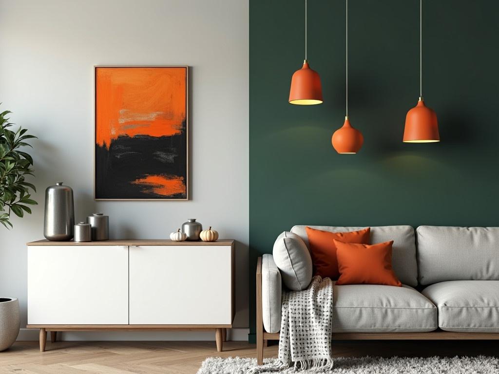 The image features a modern interior living space with a stylish design. On the left side, a sleek white sideboard is displayed, decorated with a metallic vase, some gray cylinders, and a couple of small pumpkins. Above the sideboard hangs an abstract painting with a combination of orange and black tones that adds a pop of color. On the right side, a comfortable light gray sofa is positioned against a dark green wall, accentuated by two orange pendant lights dangling from the ceiling. A patterned throw blanket is draped over the sofa, along with a couple of decorative pillows that match the color scheme. A potted plant sits next to the sideboard, bringing a touch of nature to the elegantly furnished room.