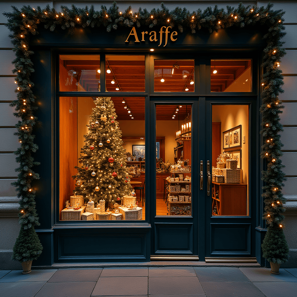 A warmly lit shop window adorned with festive decorations and a Christmas tree.