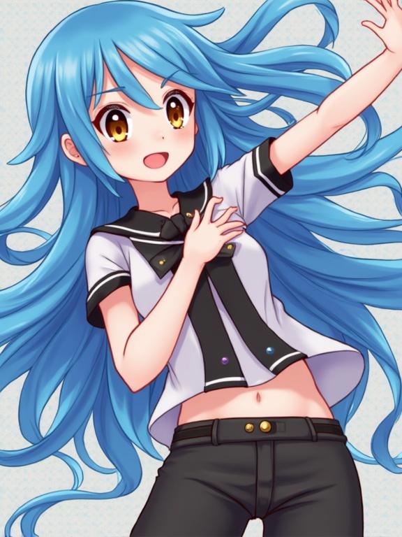 Anime character in a dynamic pose with bright blue hair wearing a school outfit. She is smiling with an expressive gesture. Detailed and colorful design. Inspired by ZumiDraws art style.