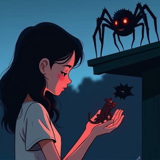 Scene features a character named Kim contemplating a gecko in her hand. A blush highlights her cheeks. She leans towards the gecko. In the background, a spider-witch with glowing red eyes observes with anticipation. The atmosphere is suspenseful. Visual elements like thought bubbles convey Kim's internal monologue.