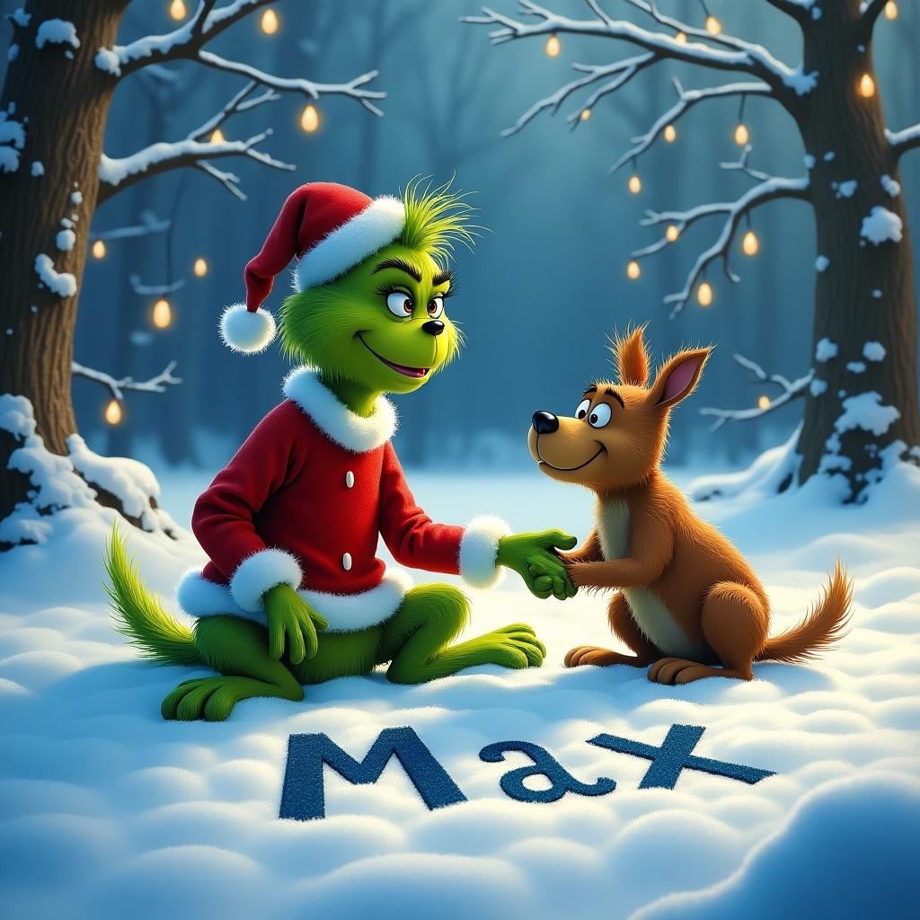 The Grinch sits with Max the dog on snowy ground. They write Max in the snow. The Grinch wears a Santa hat and a red suit. Magical winter atmosphere surrounds them.