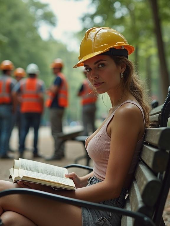 Woman sits on a park bench reading a book. Surrounded by construction workers in the background. She wears a yellow hard hat. Image has bright colors and pixelated quality.