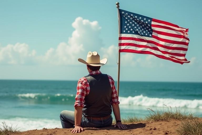 patriotic picture of a cowboy sitting by the ocean with an American flag waving in the background