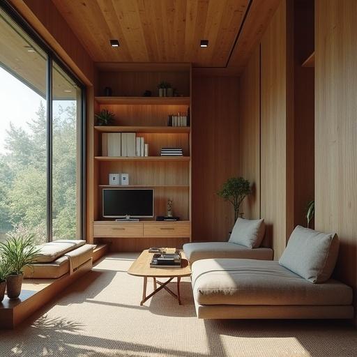 Minimalist living room design with wooden walls and large windows. Spacious seating area with two sofas and a coffee table. Shelving displays books and electronics. Indoor plants add a touch of greenery.