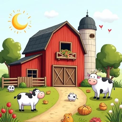 A colorful illustration of a cartoon farm with a big red barn. Cows are standing outside the barn. A small kitten sits nearby. Sun shines brightly in the sky. Green trees surround the scene. Flowers bloom in the foreground. Decorative elements like pumpkins add to the farm vibe.
