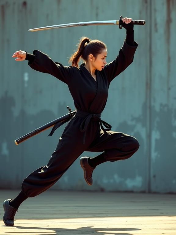 Young woman performs a 'Jumping Strike' in mid-air. Feet off the ground with body angled forward. Left leg bent behind her while right leg extends forward. Right hand grips a katana blade high above shoulder. Forearm parallel to floor. Left hand extends forward for balance. Detailed muscle tension is visible. Wearing black martial arts outfit. Second sword sheathed on her back. Background features weathered blue-grey wall. Lighting casts warm glow during golden hour. Image captures cinematic action style with natural skin tones and high contrast.