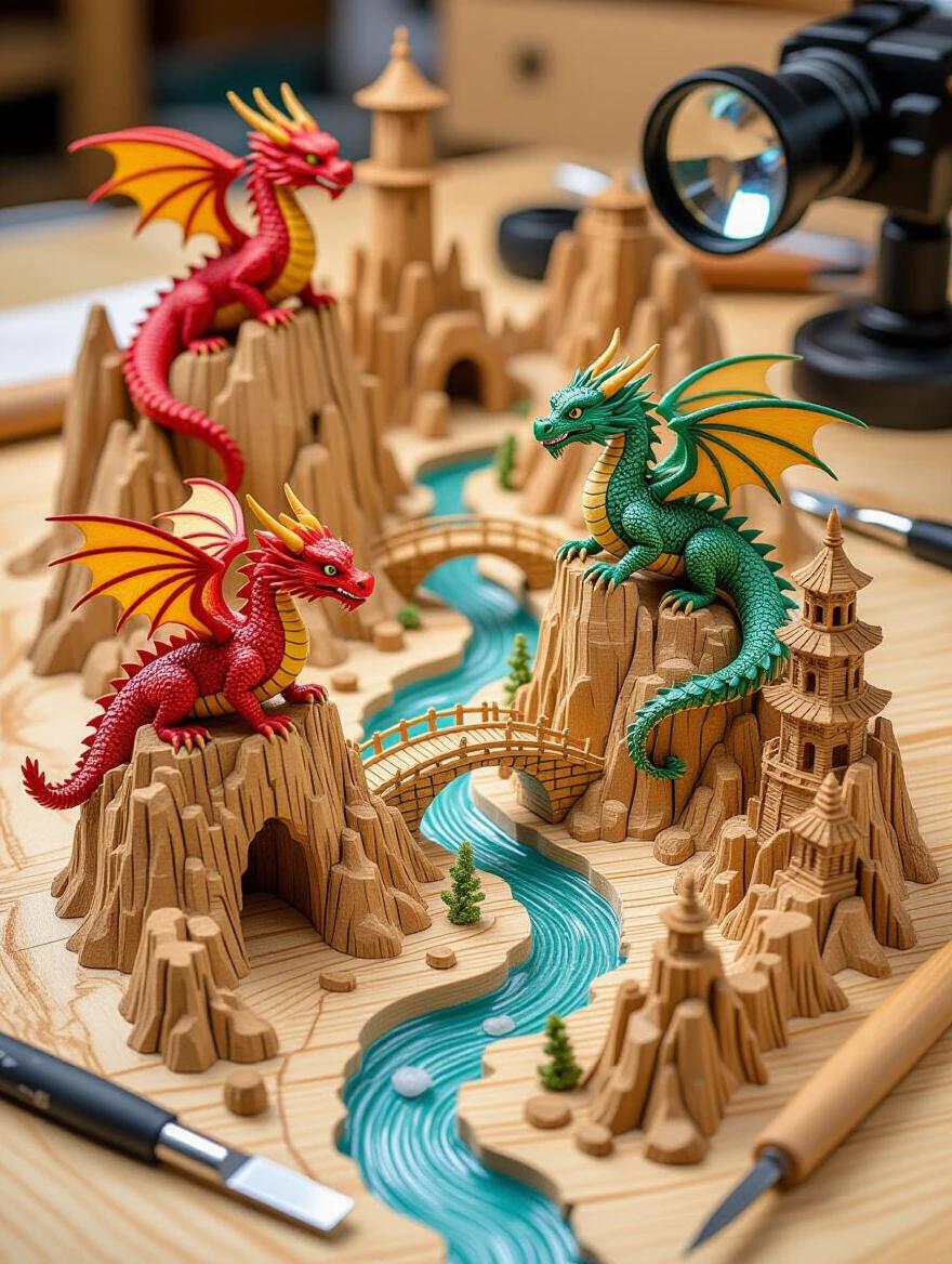 An intricate miniature world filled with tiny wooden dragons in a carved landscape. Dragons show details through micro-carving in different wood types. The landscape includes carved caves, bridges, and towers. Tiny carving tools are visible, showcasing the art of micro wood carving. Macro photography lighting captures the details and intimacy of the miniature craft.