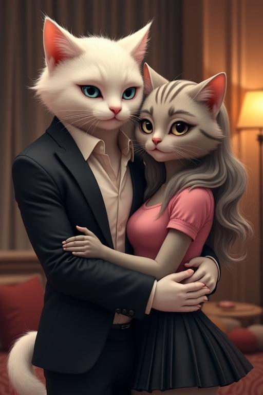 A majestic white anthropomorphic male cat hugs a beautiful light gray female anthropomorphic cat in a cozy living room. He wears an open black blazer, shirt, and trousers. She has long wavy hair and wears a pink short-sleeved top and short black pleated skirt. Both have happy expressions.