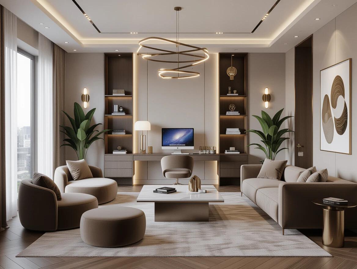 Ultra-luxurious interior design in a spacious high-end room. Features a minimalist PC setup on a sleek modern desk with an executive chair. Surrounded by designer lounge furniture including velvet and leather sofas and sculpted bean bags. Low marble coffee table in the center. Ambient mood lighting from LED strips and pendant lights. Polish wood and marble flooring with soft rugs. Large indoor plants in ceramic pots adding greenery. Premium textures like velvet suede and rich wood tones. Tasteful wall decor and floating shelves. A calm cozy atmosphere with cinematic soft shadows and warm ambient glow.