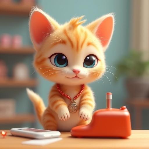 2D illustration of a cute kitty with orange fur wearing a tiny sales badge. The kitty is scanning items at a miniature register. The style is minimal and charming.