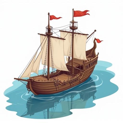 Medieval ship depicted in a vector style. Ship has sails and flags. No water effects. Solid background color. No shadows or lighting effects. Clean and centered design. Wide shot of the ship in isometric perspective.