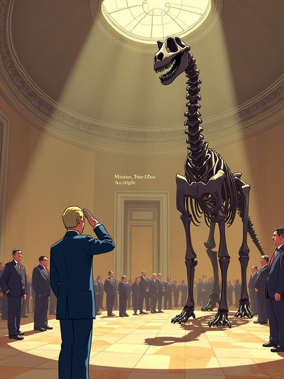 Cartoon illustration of a president saluting a diplodocus skeleton in a large museum hall with marble floors. Soft warm lighting shines from above creating shadows. The president wears a navy-blue suit holding a small flag. The dinosaur skeleton is towering over the scene and baffled onlookers surround it. Inscription reads 'Mission: Dino Accomplie'. A fun and humorous scenario in 9:16 ratio.