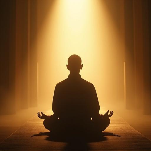 A solitary figure practices zazen meditation. The silhouette stands out against a glowing light. Energy lines radiate outwards. The mood is serene and contemplative. High detail and volumetric lighting create a cinematic spiritual style.