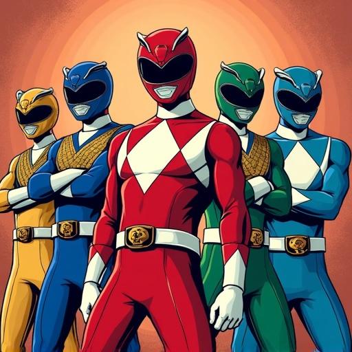 A group of Power Rangers in distinct colors standing together. The art style resembles that of popular anime like Yu-Gi-Oh. Each ranger wears a recognizable helmet and suit with a unique color pattern. The background is a gradient of warm hues indicating a battle-ready stance.