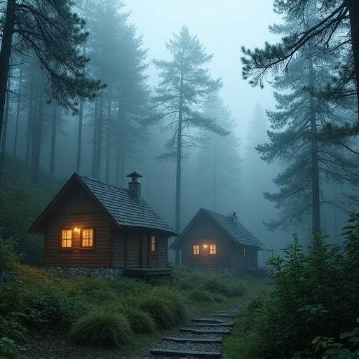 Cluster of cozy cabins in dense fog. Soft light spills from windows. Surrounded by tall trees. Pathway leads toward cabins. Evokes atmospheric impressionism.