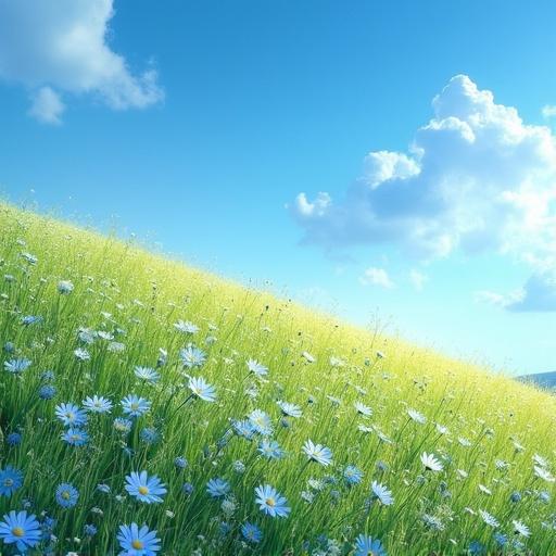 Photo of a gently sloping hill with blooming nemophila flowers under a blue summer sky