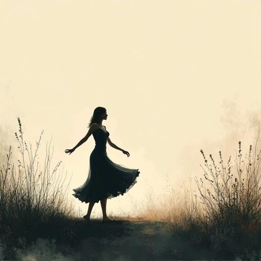 Dancer in a garden with a dreamlike atmosphere. Minimalist surrealism and abstract forms. Contemporary digital painting with textured brushwork. Emotive visual storytelling and visual metaphor illustration.