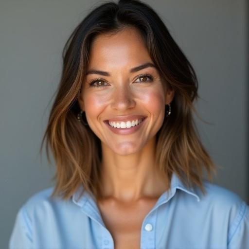 Photorealistic head-and-shoulders portrait of a friendly mixed-race woman. Warm natural studio lighting with subtle three-point lighting. Soft-focus gray background. Direct eye contact and a slight smile with dimples. Shoulder-length groomed brown hair with highlights. Minimal makeup; clean professional look. Light blue tailored blouse. Realistic skin texture with pores and freckles, soft catchlights in eyes. Shot with an 85 mm lens at shallow depth of field. Color-graded in warm tones, ultra-detailed and sharp.