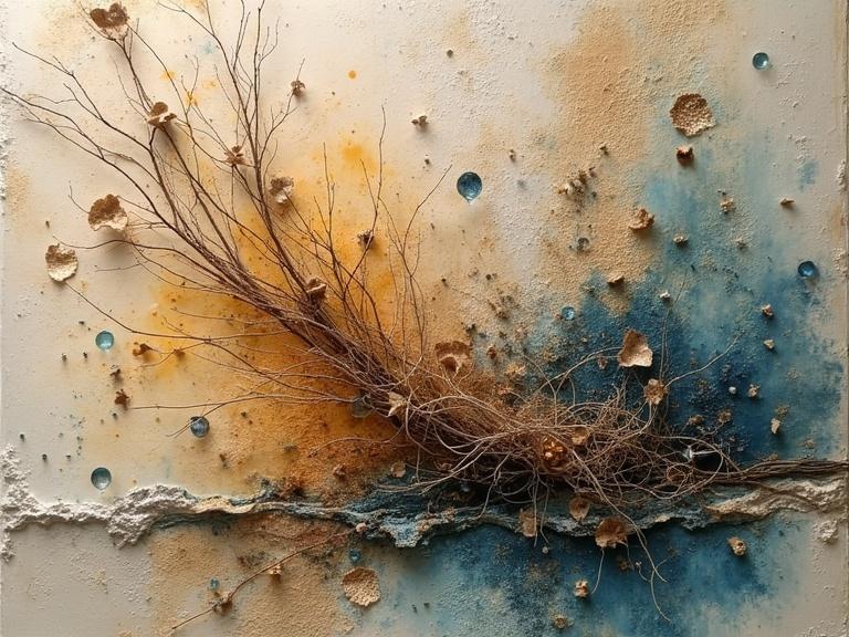 Double exposure brainstorming texture play with newspaper, jute fibres, wood, sand, glittering confetti, origami. Mixed media collage incorporating thick and textured impasto with scratches and drops. Layers of ash, hair, and scraps create depth. Luminous colors enhance beautiful and stunning composition.