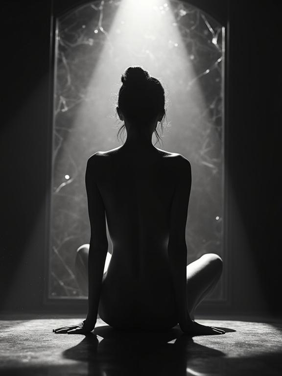 Film noir style photo featuring a nude dancer in front of a cracked mirror. Black and white with high contrast shadows and soft focus. Dust motes in a warm spotlight create an atmospheric setting. Grainy texture evokes a vintage cinema feel.