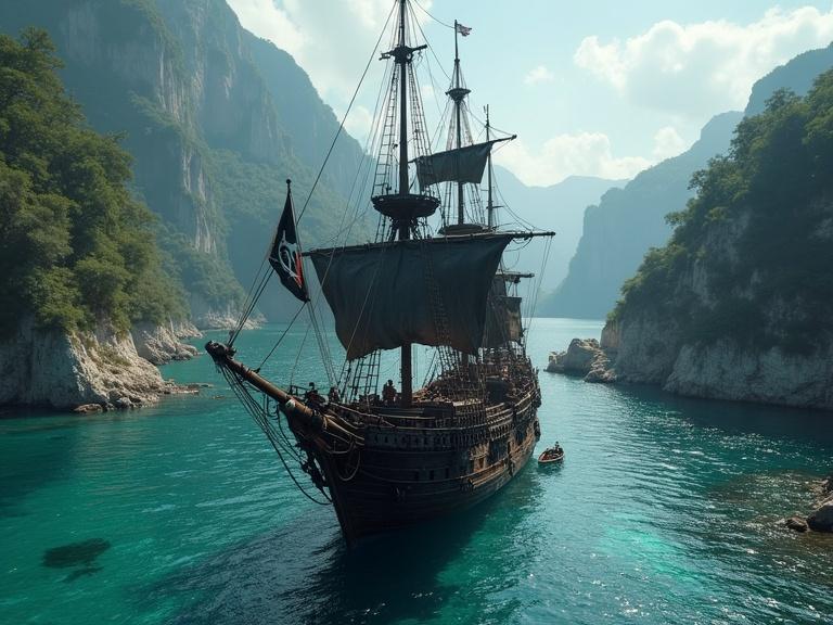 Menacing wooden pirate ship anchored in a cove. Ship bristles with sails and rigging. Skull-and-bones flag flies. Pirate crew busy at work. Setting features blue-green water and lush cliffs. Ominous atmosphere with an adventurous vibe.
