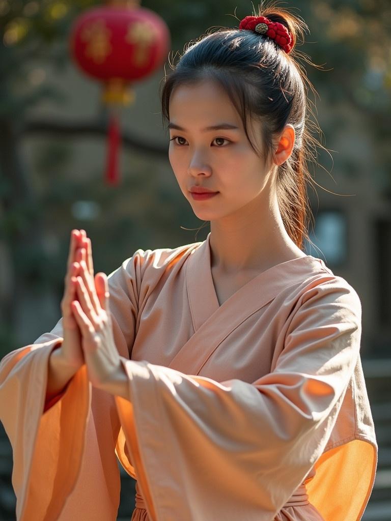 Woman in traditional attire performing tai chi in a serene outdoor setting.