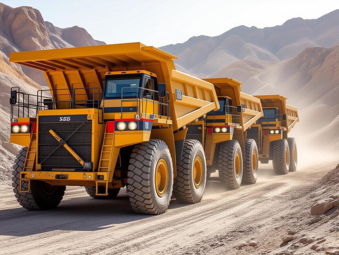 Ultra-realistic high-resolution horizontal image showing large yellow mining trucks in a dusty environment undergoing air conditioning maintenance. Focus on technical components with open access panels. Sharp focus with detailed textures on machinery and dust. 16:9 aspect ratio with no distortions or blurs.