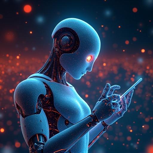 A glowing AI-bot inspects a smartphone. Background features a network of lights. The scene emphasizes the futuristic and technological aspects of AI and blockchain optimization.