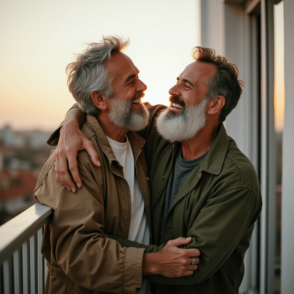 Two joyful men with beards hug each other while smiling on a balcony at sunset.