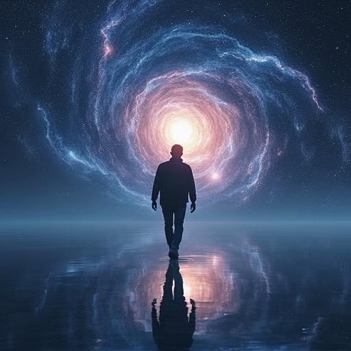 A man walks toward a glowing vortex of stars. Water reflects the scene. The night sky shows spinning cosmic galaxies. The atmosphere feels otherworldly and serene.