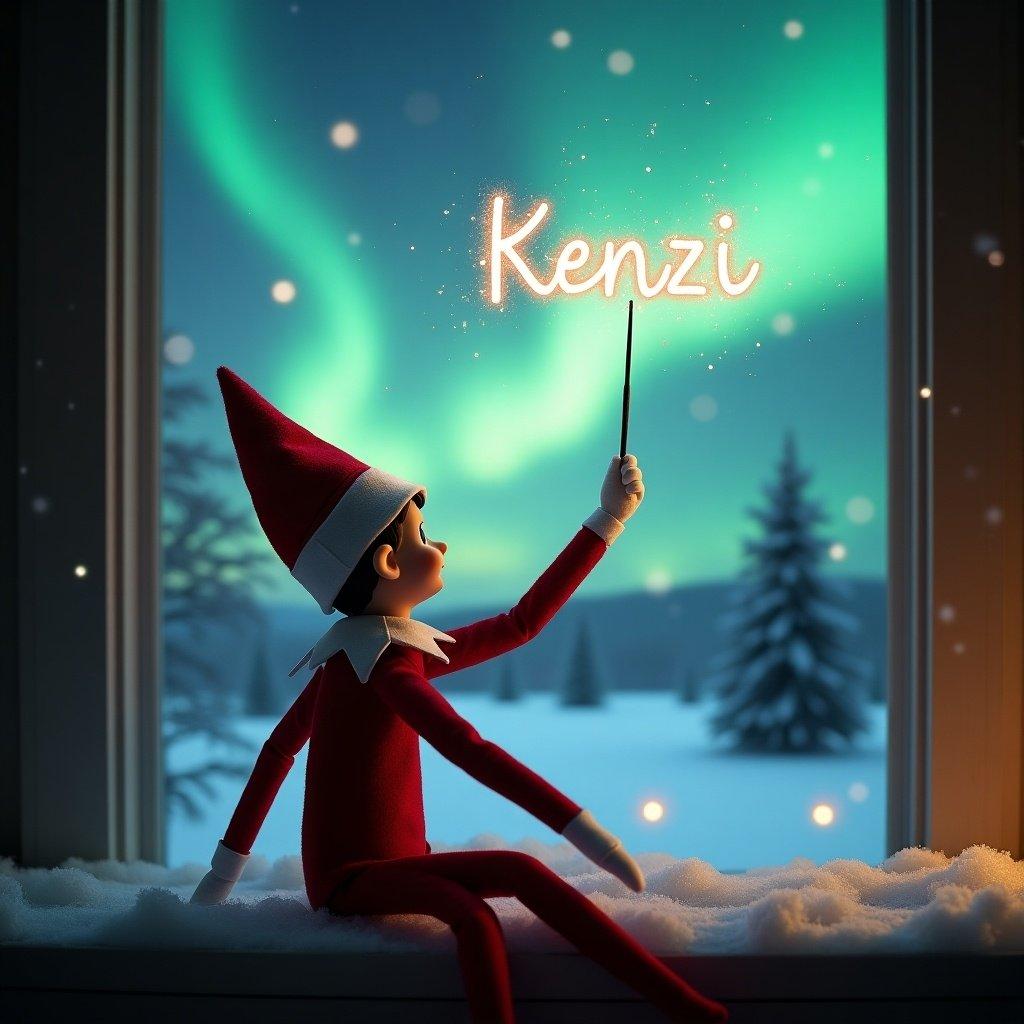 A charming scene features an elf on the shelf dressed in red, positioned with its back to the viewer. The elf gazes upwards towards a captivating sky illuminated by northern lights. It holds a magic wand to write Kenzi in sparkling letters above. The snowy ground enhances the serene atmosphere of this holiday moment.