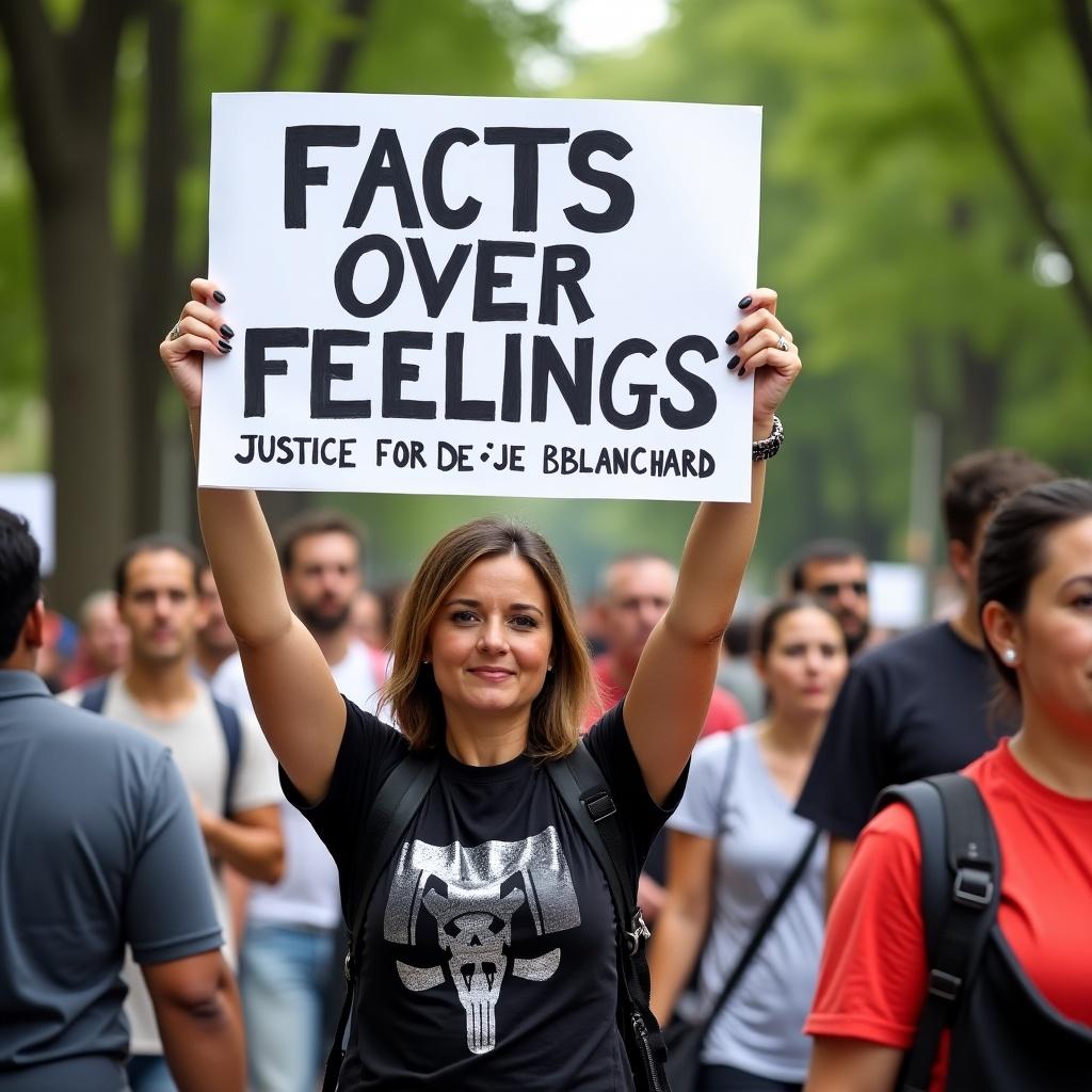 A woman holds a protest sign that says FACTS OVER FEELINGS. The sign advocates justice for Dee Dee Blanchard. Other people are walking in the background.