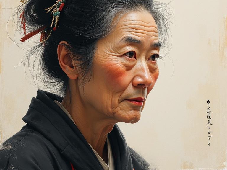 Serene Chinese ink painting style. Portrait of a wise Korean old woman. Expression conveys a lifetime of stories. Matte background on oil canvas. Captures East Asian artistry. Beauty of aging with dignity and grace. Head and shoulders portrait in high resolution.