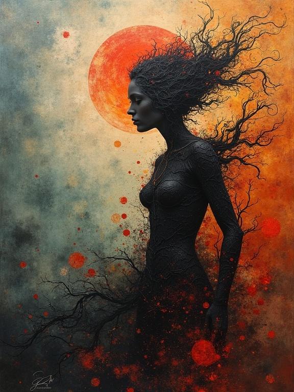 Artistic image of a figure with a textured black surface and hair resembling tree branches. A red sun in the background creates a dramatic atmosphere. Details include a creative blend of colors and abstract elements.