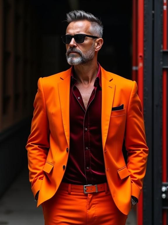 Full body portrait of a stylish man in his 50s. He stands confidently with hands in pockets. He wears a bright orange suit and a dark red velvet shirt. The background is dark with industrial elements. Dramatic lighting creates shadows. The atmosphere is urban and modern. The man's hair is slicked back. His appearance is chic and cool. He embodies confidence in a high fashion setting.