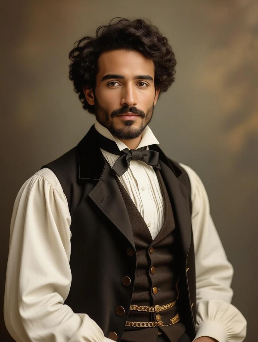 Realistic portrait of a 19th-century Black man wearing period clothing. Dark painterly background. Soft dramatic lighting. Calm timeless expression. High degree of realism. Vintage film color grading.