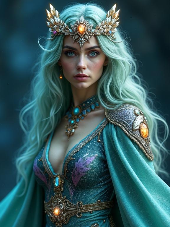 Full-body shot of a cosmic guardian woman standing majestically. Brilliant golden teal hair cascades in shimmering waves. Ethereal face with bright blue eyes resembling galaxies. Complexion shifts in shades of deep obsidian with bioluminescent specks. Draped in futuristic robes flowing like liquid metal. Intricate tattoos pulse with light changing colors with emotions. Cloak adorned with nanotechnology displaying glowing symbols. Wields a crystalline scepter emanating warm light, embedded with gemstones. Crown features pulsating gemstones indicating emotions with antenna structures. Overall effect of commanding respect and beauty.