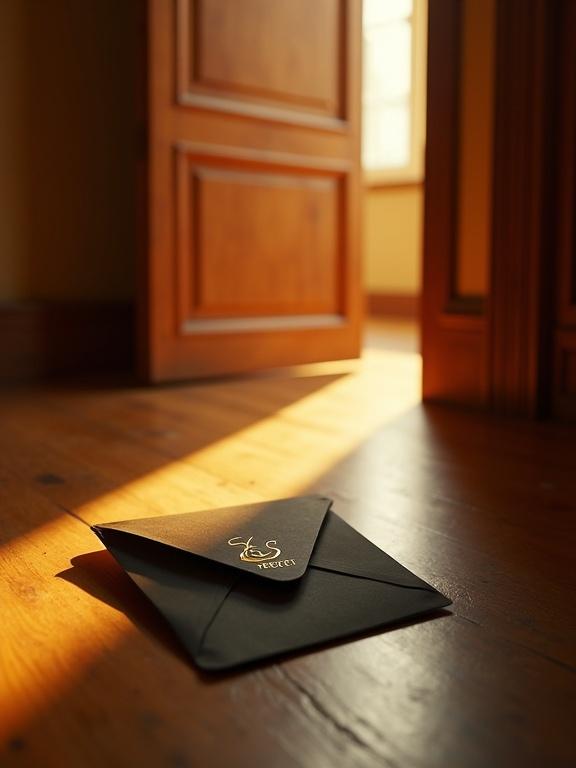 Luxurious black envelope with golden letters rests on wooden floor under a door. Warm golden light brightens hallway. The scene has realistic and cinematic lighting.