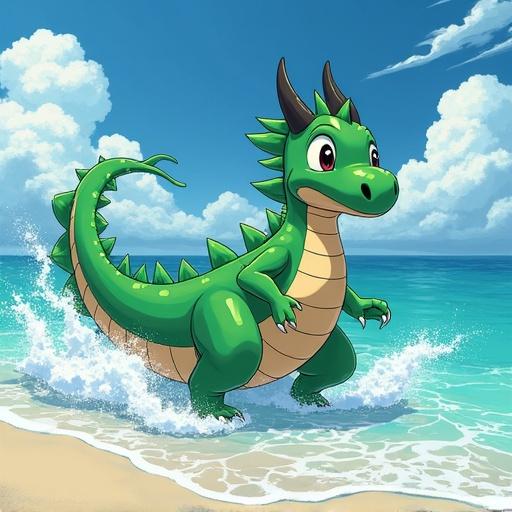 Green dragon playing at a beach with ocean waves in the background in a Japanese anime style