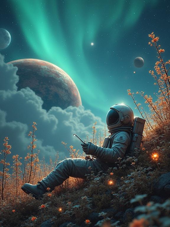 Astronaut seated in a cosmic landscape with planets and northern lights in the background. A dream garden of glowing flowers around the astronaut. His ship is visible, rusted and covered in moss.