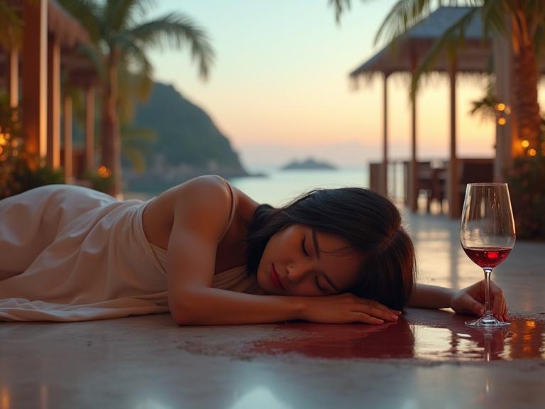 Ultra-realistic image of a Japanese woman sleeping on a restaurant floor in a futuristic island resort. A red wine glass spills on the floor next to her. Soft ambient lighting creates a serene atmosphere.