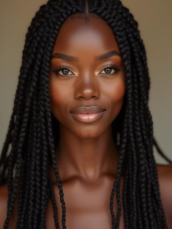 A strikingly beautiful ebony woman with an elegant presence. She has a deep skin tone and a warm glow. Captivating eyes and a warm smile. Her style blends classic and contemporary fashion. She moves with poise and confidence. Hair styled in cornrow braids.
