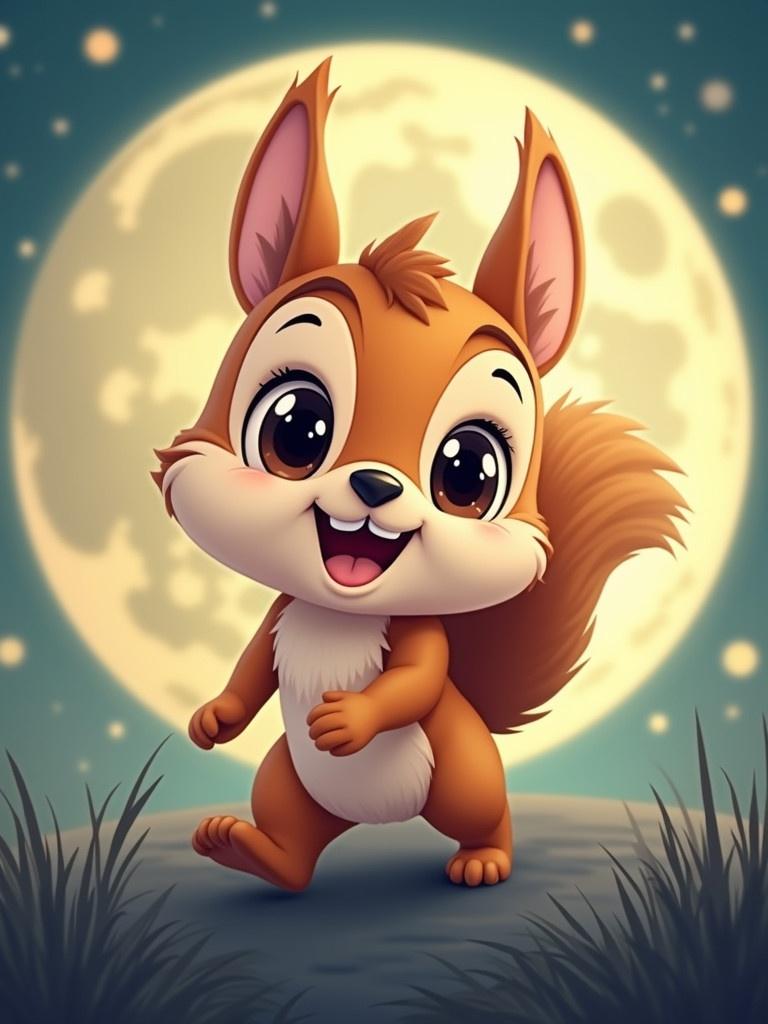 Cartoon squirrel with big eyes is happily walking on moonlit ground. Background shows a large illuminated moon.