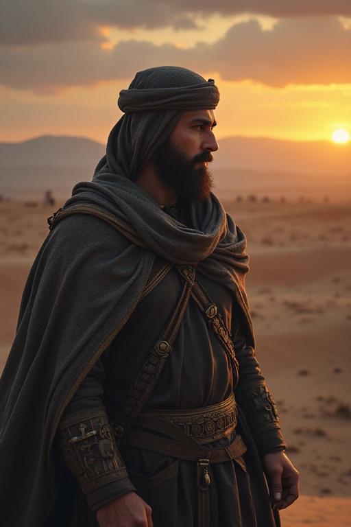Man dressed in traditional Middle Eastern attire in desert landscape. Red robe with intricate designs. Long beard and noble expression. Natural sunlight illuminating scene.